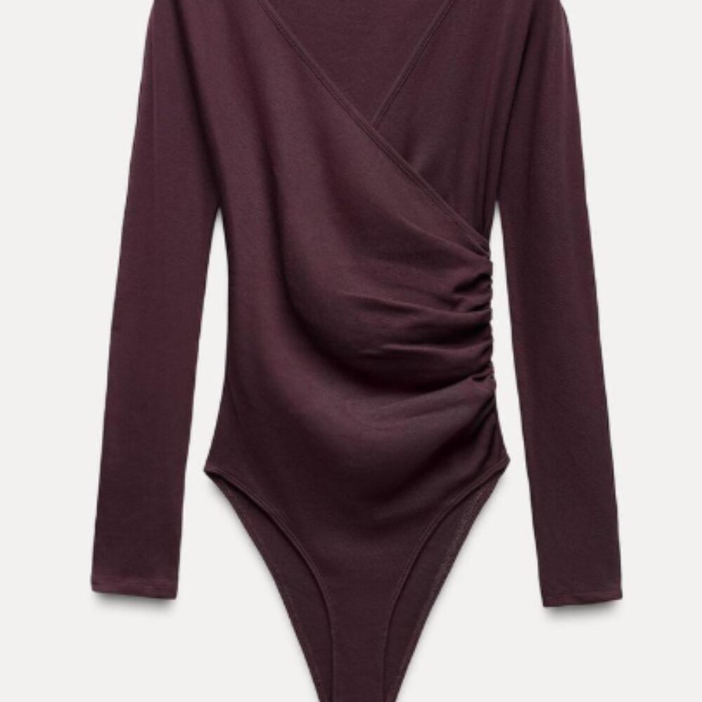 Zara Long Sleeve Deep V-cut Body‎ Suit in Dark Purple